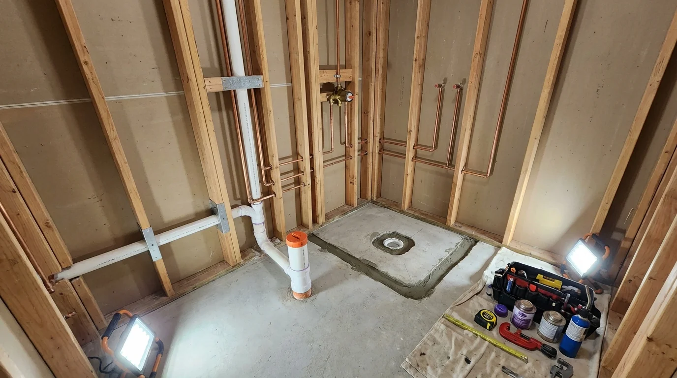 Bathroom rough-in plumbing during remodel by Johns Plumbing LLC in Mayo