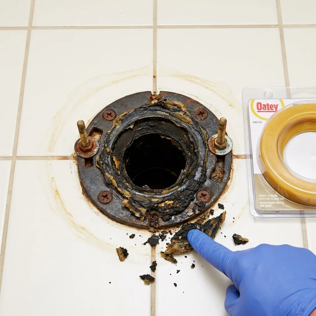 Failed wax ring showing water seepage at the base of a toilet in a Mayo, FL home